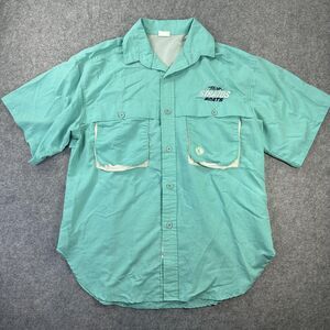 Stratos Boats Fishing Shirt Mens L Teal Vented 10X Short Sleeve Button Up Vtg